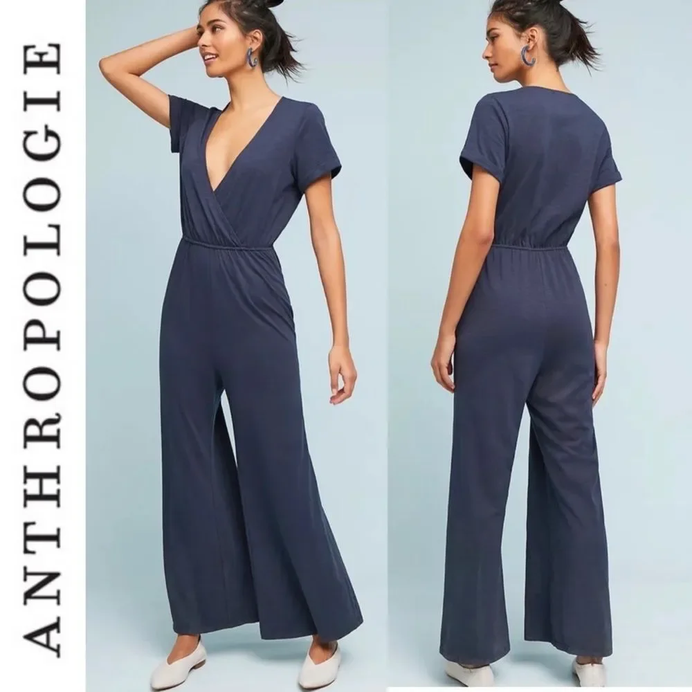 Anthropologie Saturday Sunday Elmira Jumpsuit Navy Blue XS Wide Leg Surplus Top